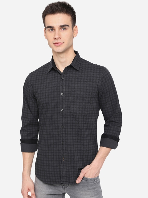 Greenfibre Men Grey Slim Fit Checked Cotton Casual Shirt