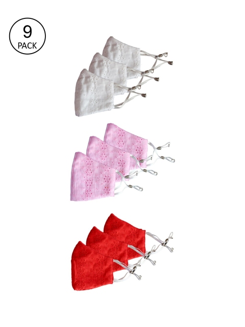 Bellofox Adults Pack of 9 Chikankari 3-Ply Reusable Cloth Masks, Pink