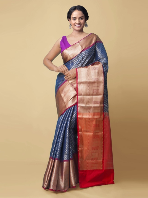 Unnati Silks Purple & Gold-Toned Floral Zari Silk Cotton Banarasi Saree
