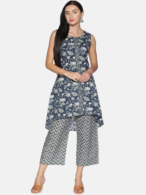 Saffron Threads Women Blue Printed Angrakha Pure Cotton Kurti with Palazzos