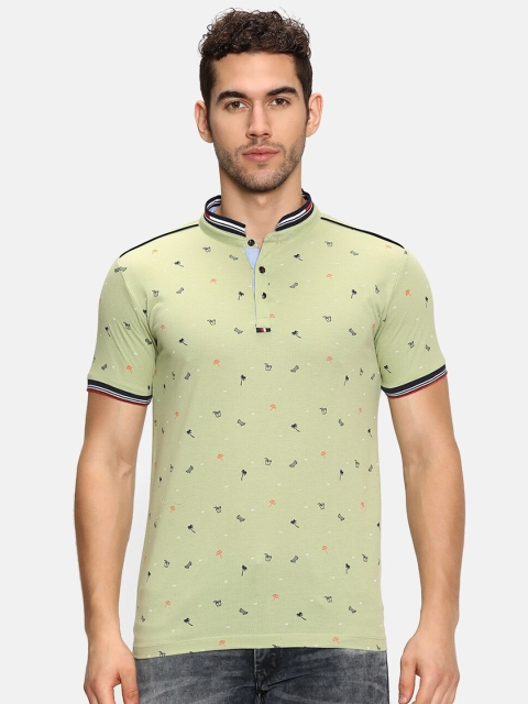V2 Value & Variety Men Green Printed Mandarin Collar Pure Cotton T-shirt