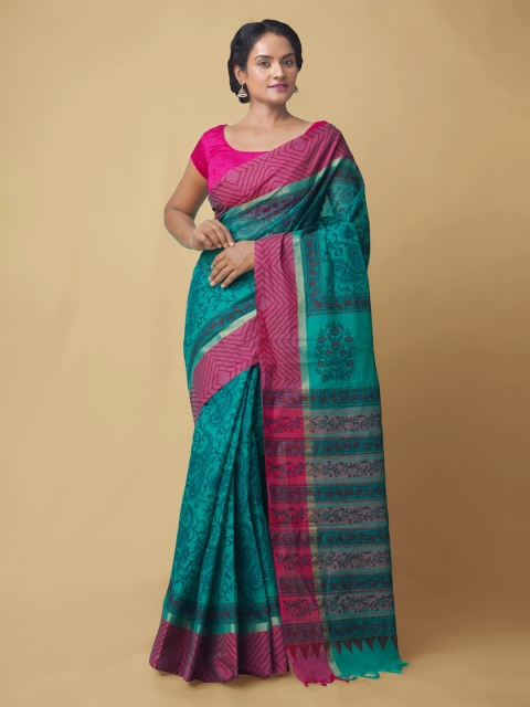 Unnati Silks Green Ethnic Motifs Pure Cotton Mangalagiri Saree