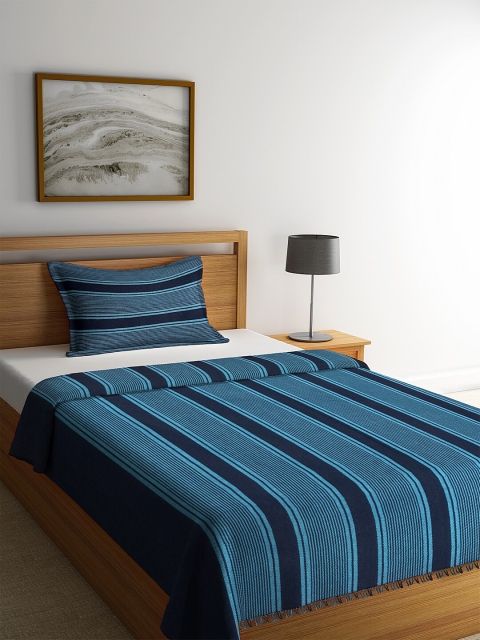 NEUDIS Blue & Black Striped Pure Cotton Hand-Woven Bed Covers