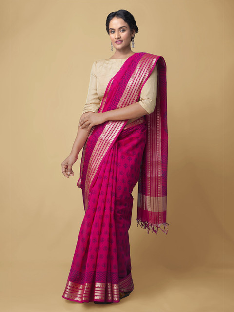 Unnati Silks Pink & Blue Ethnic Motifs Zari Silk Cotton Chanderi Saree
Unnati Silks Pink & Blue Ethnic Motifs Zari Silk Cotton Chanderi Saree