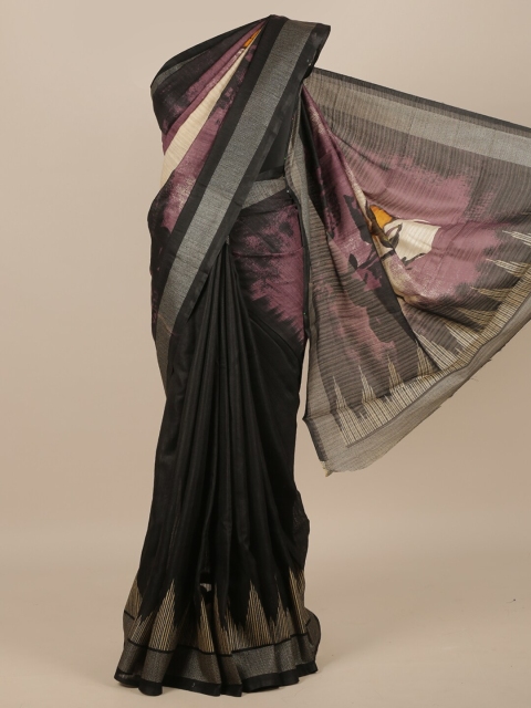 Pothys Black Printed Jute Silk Saree