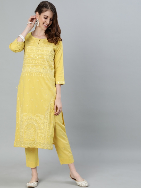 Ishin Women Yellow Ethnic Motifs Embroidered Pure Cotton Kurta with Trousers