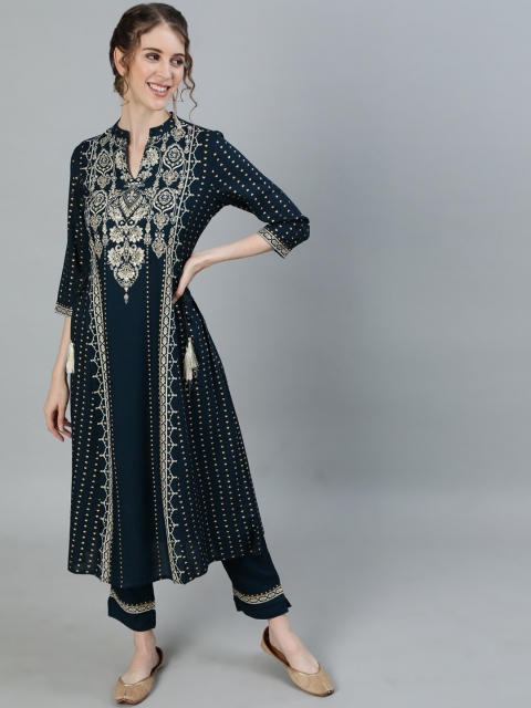 Ishin Women Green Embroidered Panelled Kurta with Trousers