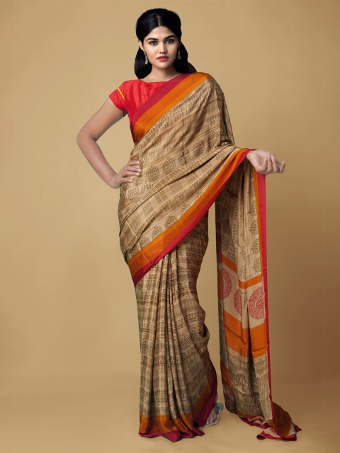 Unnati Silks Brown & Pink Floral Block Print Saree