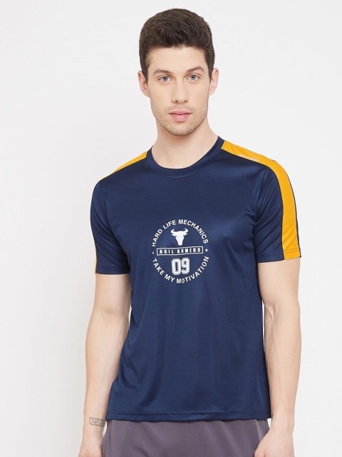 AGIL ARMERO Men Navy Blue & Yellow Typography Printed Training or Gym T-shirt