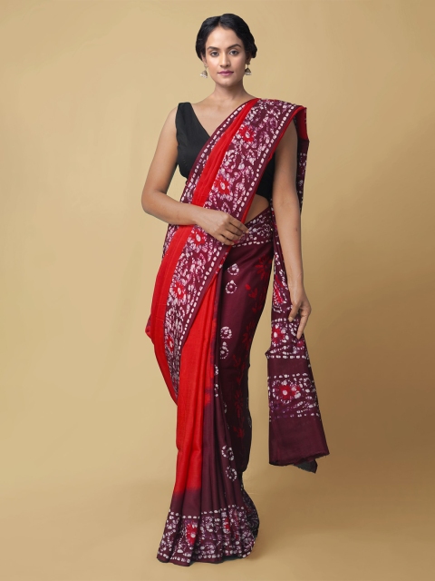 Unnati Silks Red Batik Art Silk Handloom Saree