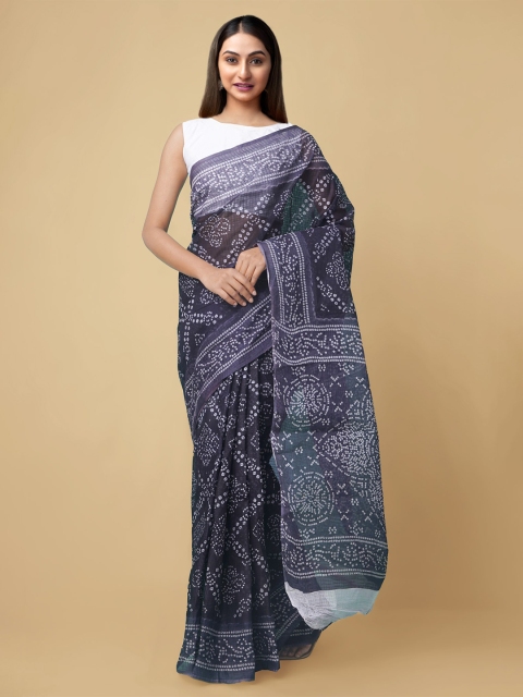 Unnati Silks Navy Blue & White Bandhani Kota Pure Cotton Handloom Saree
