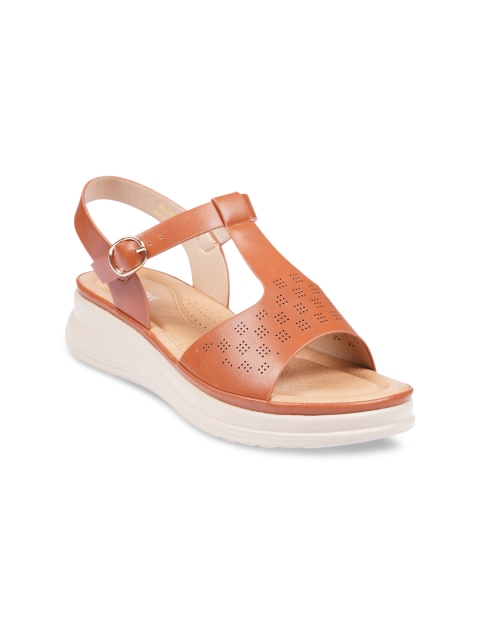 HEATWAVE Women Brown Textured PU Wedge Sandals with Laser Cuts