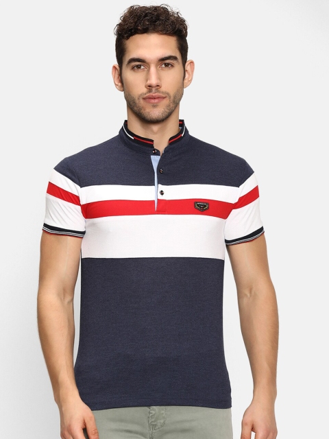 V2 Value & Variety Men Blue Striped Mandarin Collar Cotton T-shirt