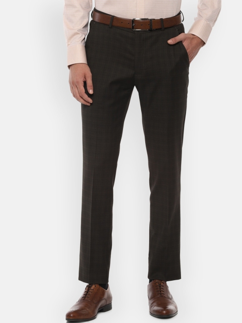 Louis Philippe Men Brown Checked Slim Fit Formal Trousers