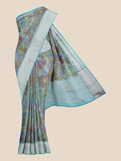 Kalamandir Blue & Pink Floral Banarasi Saree