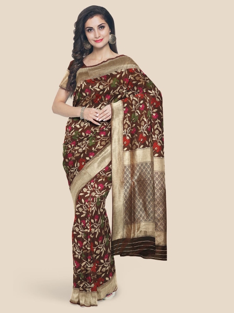 KLM Fashion Mall Brown & Green Floral Zari Silk Blend Banarasi Saree