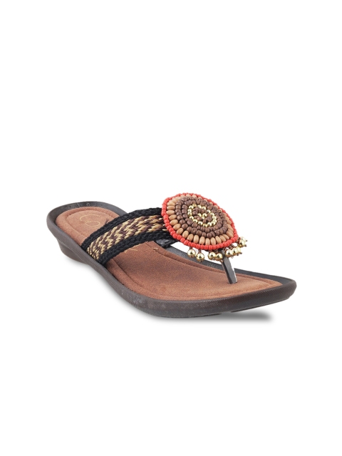 Catwalk Women Brown Embellished Leather Ethnic Open Toe Flats