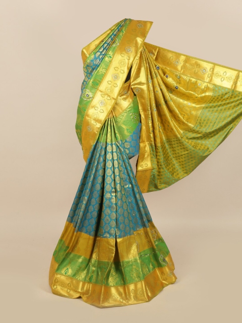 Pothys Blue & Golden Ethnic Motifs Stone Work Detail Saree