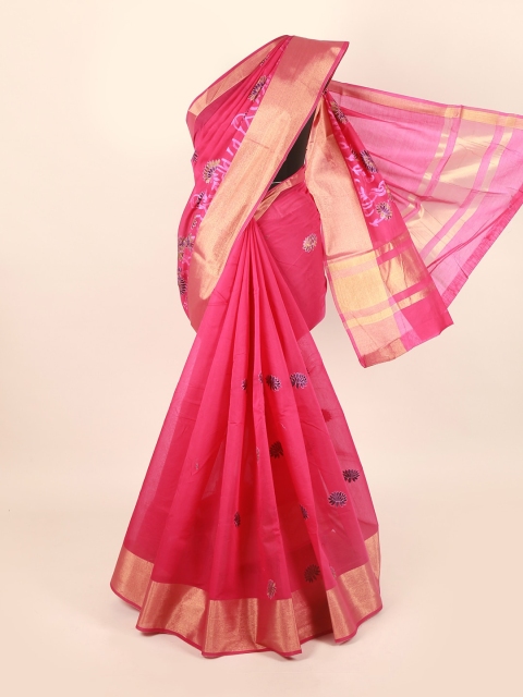 Pothys Pink & Gold-Toned Floral Zari Silk Cotton Saree