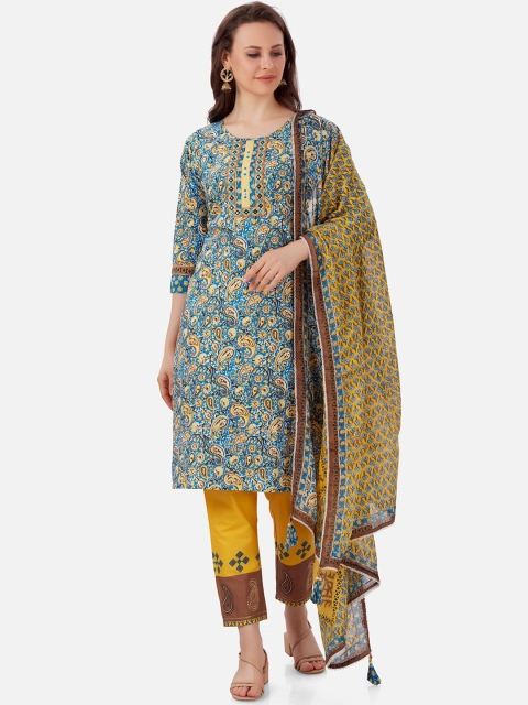 Kiana Women Blue & Mustard Ethnic Motifs Printed Pure Cotton Kurta & Trousers With Dupatta
Kiana Women Blue & Mustard Ethnic Motifs Printed Pure Cotton Kurta & Trousers With Dupatta