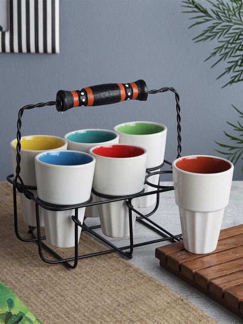 The Decor Mart White & Red Solid 6 Ceramic Glossy Kulladhs Set with Stand