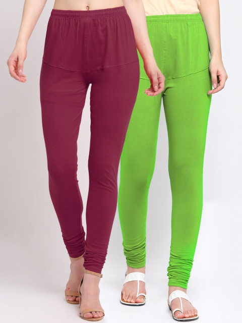 Klotthe Women Set Of 2 Solid Cotton Leggings, Fluorescent green