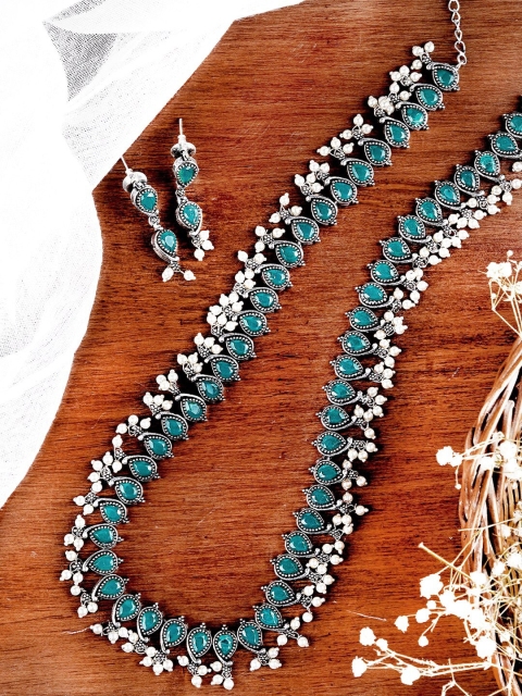 TEEJH Oxidised Silver-Plated Green & White Stone-Studded & Beaded Jewellery Set