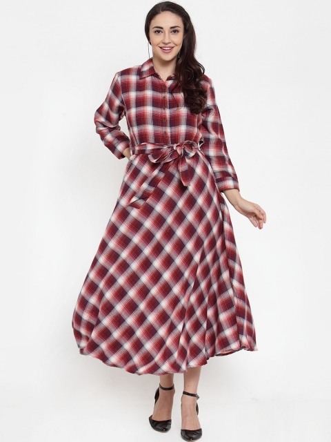 Baani Creations Women Maroon and White Tartan Checked Shirt Maxi Dress