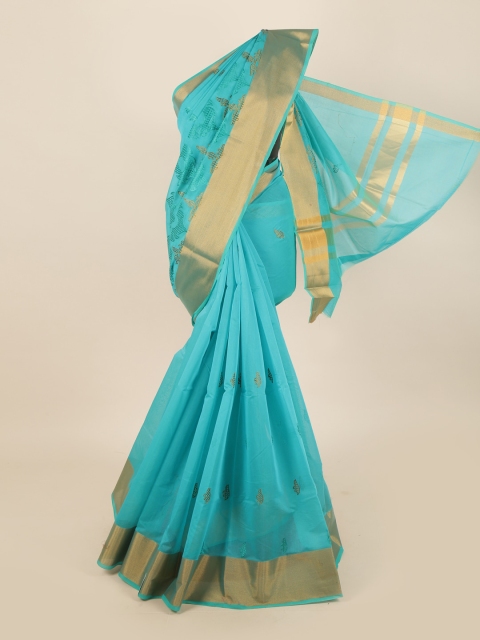 Pothys Turquoise Blue & Gold-Toned Floral Silk Cotton Saree