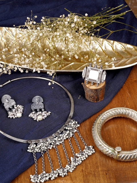 TEEJH Silver-Toned & White Stone-Studded & Beaded Oxidised Jewellery Set