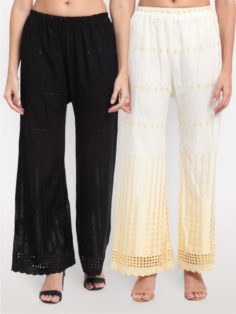 NEUDIS Women Pack of 2 Hem Design Flared Ethnic Palazzos, Black