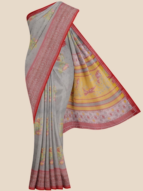 Kalamandir Women Grey & Yellow Floral Print Saree