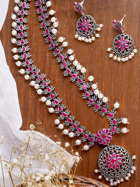 TEEJH Oxidised Silver-Plated Pink & White Stone-Studded & Beaded Jewellery Set
TEEJH Oxidised Silver-Plated Pink & White Stone-Studded & Beaded Jewellery Set