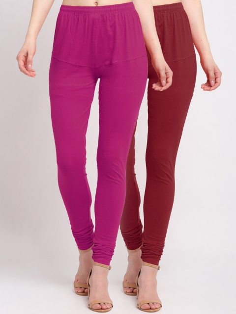 KLOTTHE Women Pack Of 2 Pink & Maroon Solid Cotton Churidar-Length Leggings