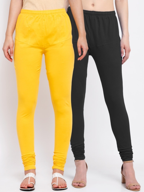 KLOTTHE Women Pack of 2 Solid Cotton Churidar-Length Leggings, Black