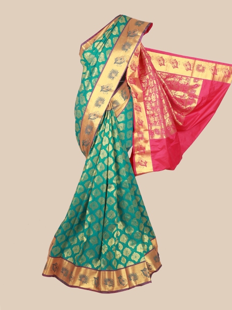 Pothys Sea Green & Golden Ethnic Motifs Zari & Stone Work Detail Saree