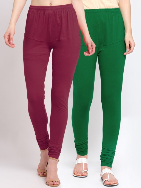 KLOTTHE Women Pack Of 2 Solid Churidar-Length Cotton Leggings, Green