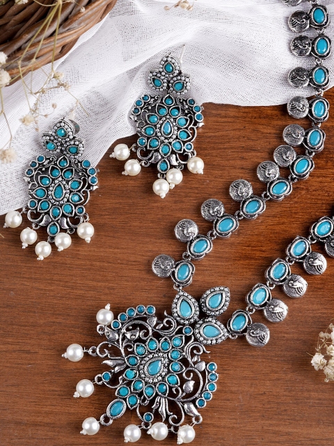 TEEJH Oxidized Silver-Plated Blue Stone Studded Jewellery Set