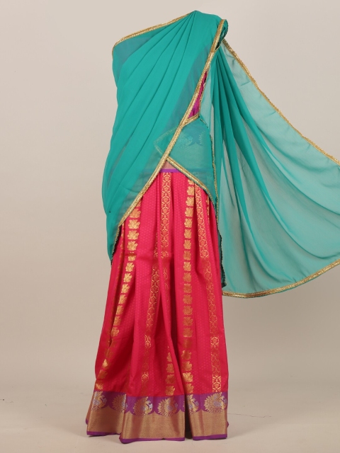Pothys Green & Pink Ethnic Motifs Zari Half aSaree