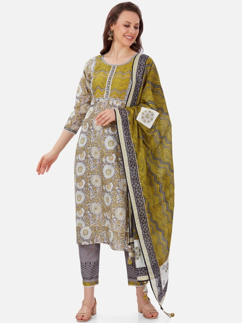 Kiana Women Grey Printed Pure Cotton Kurta with Trousers & Dupatta