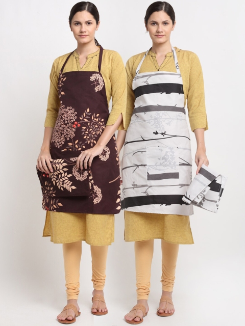 NEUDIS Set OF 2 Brown & Grey Printed 210 TC Aprons With Front Centre Pocket & Napkin