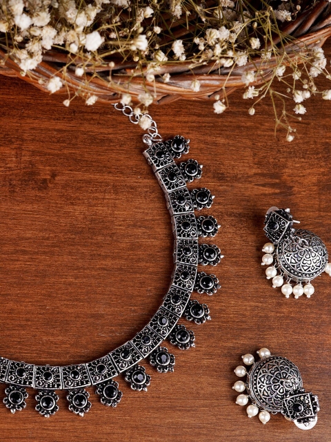 TEEJH Oxidized Silver-Plated & Black Stone-Studded Pearl Beaded Jewellery Set