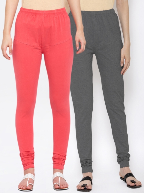 KLOTTHE Women Pack Of 2 Solid Cotton Churidar-Length Leggings, Grey