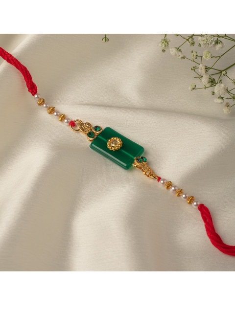 Zaveri Pearls Gold-Toned Green Beads & Stones Rakhi