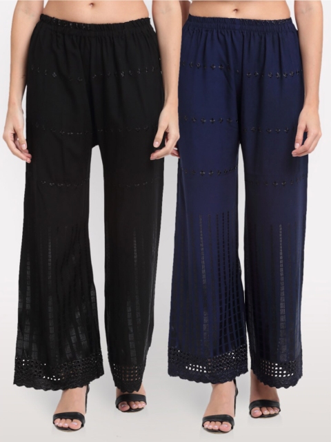 NEUDIS Women Black & Navy Blue Pack of 2 Embroidered Flared Ethnic Palazzos