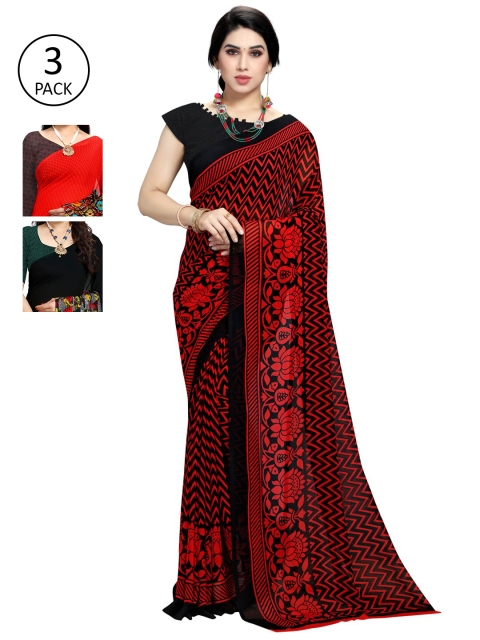 KALINI Pack Of 3 Multicoloured Floral Poly Georgette Sarees, Multi