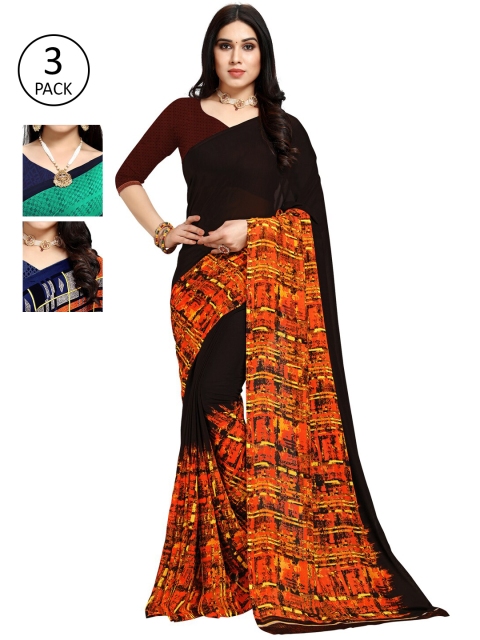 KALINI Navy Pack of 3 Printed Saree, Navy blue