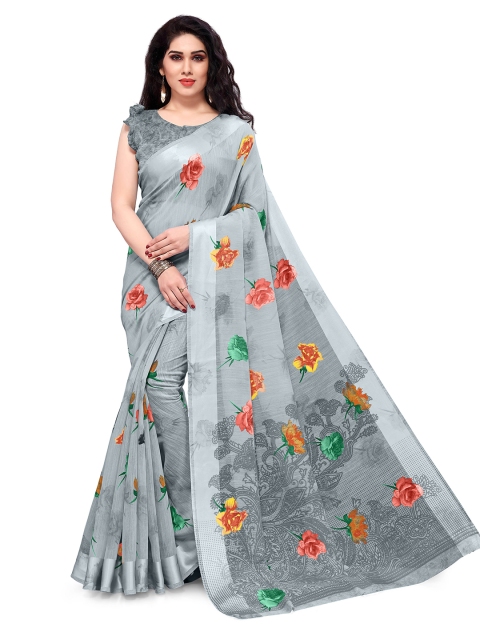 KALINI Grey & Green Cotton Floral Printed Saree