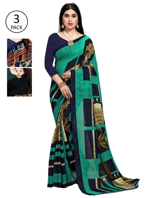 KALINI Pack of 3 Printed Sarees, Navy blue