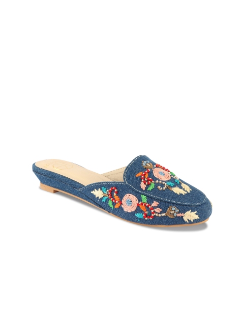 KALTHEOS Blue & Multicoloured Embellished Wedge Mules